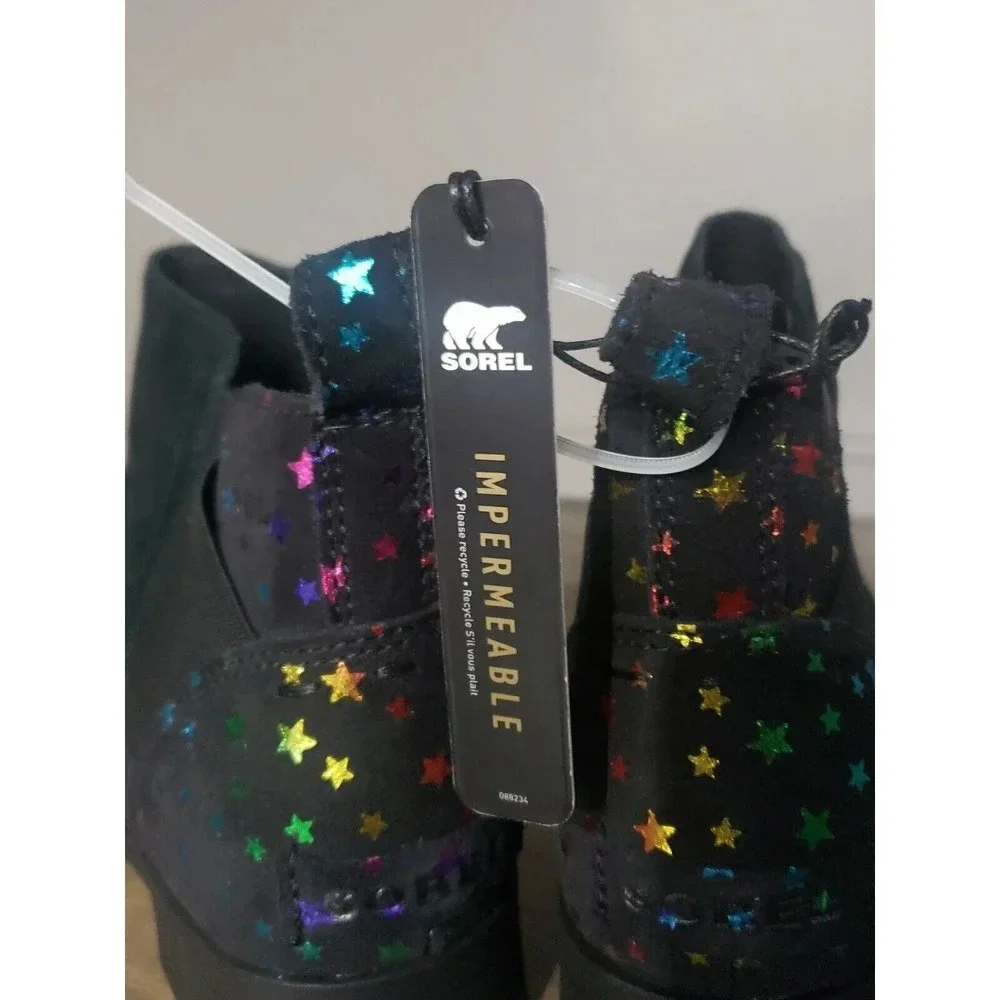 Sorel Booties Girls Size 5 Emelie Chelsea Black Suede Rainbow Stars New